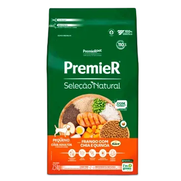 Racao Premier Selecao Natural Caes Adultos Pequeno Porte Frango com Chia e Quinoa 2.5kg frente
